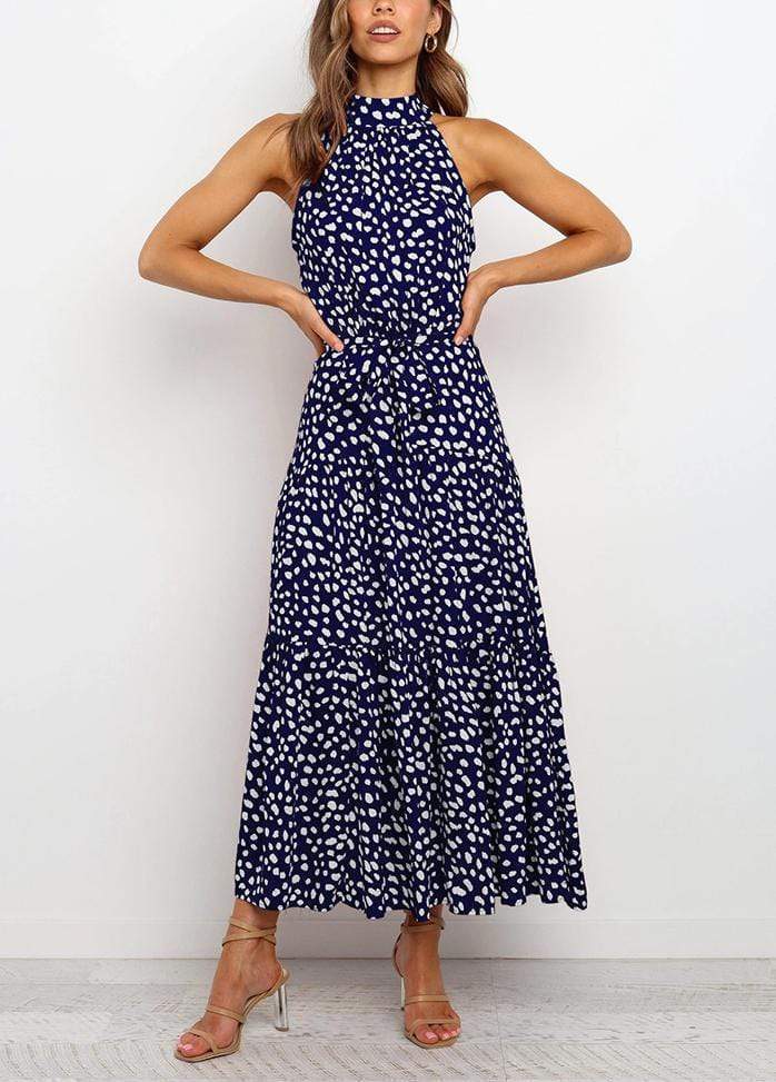 Lacing Halter Printed Sleeveless Maxi Dress