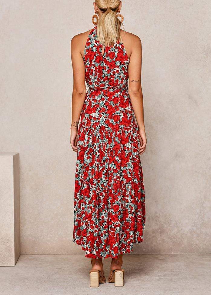 Lacing Halter Printed Sleeveless Maxi Dress