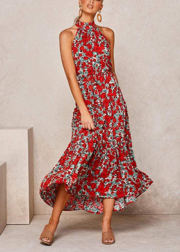 Lacing Halter Printed Sleeveless Maxi Dress