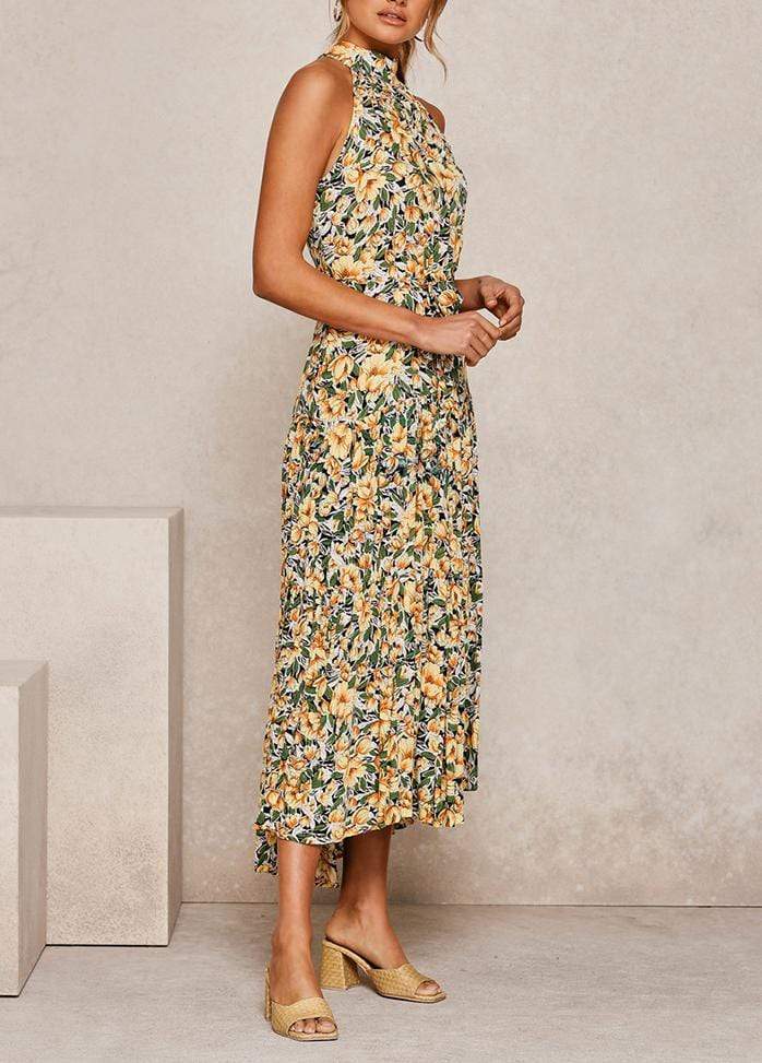 Lacing Halter Printed Sleeveless Maxi Dress