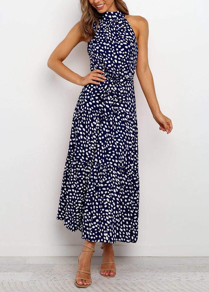 Lacing Halter Printed Sleeveless Maxi Dress