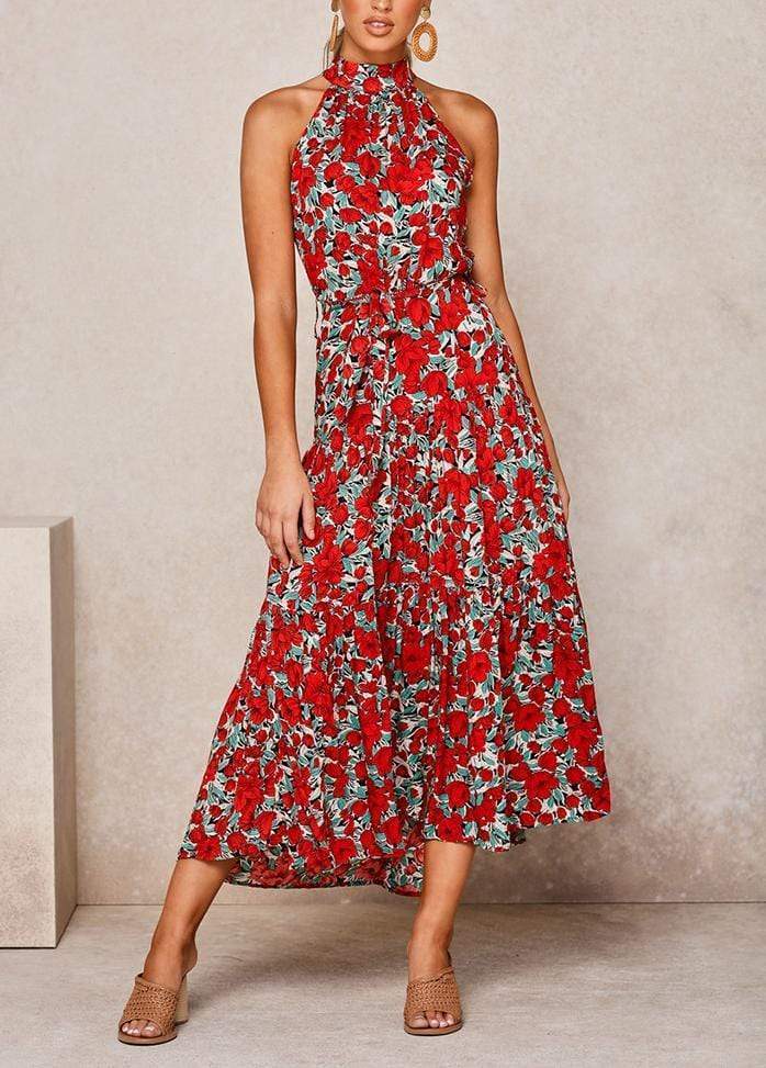 Lacing Halter Printed Sleeveless Maxi Dress