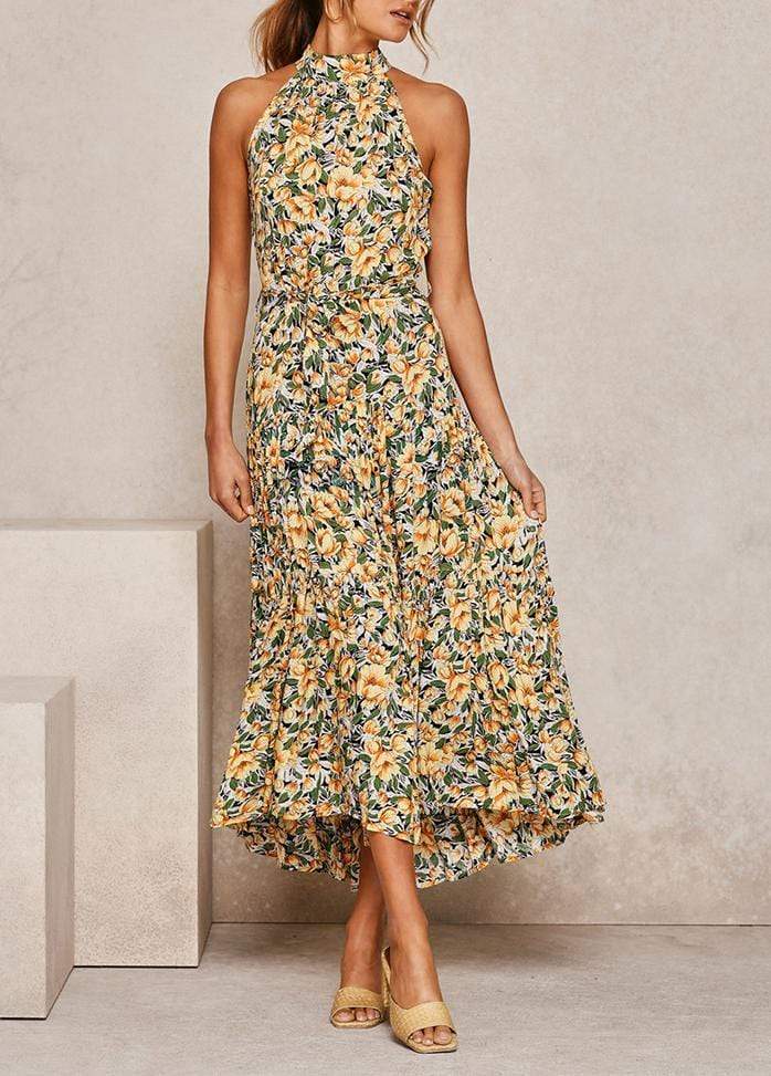 Lacing Halter Printed Sleeveless Maxi Dress