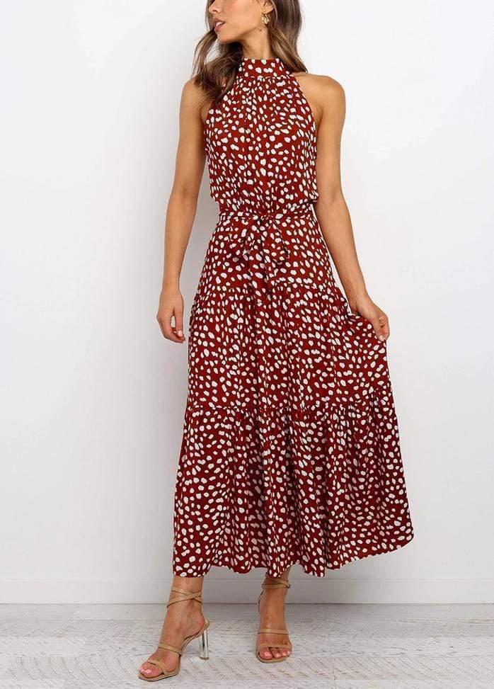 Lacing Halter Printed Sleeveless Maxi Dress