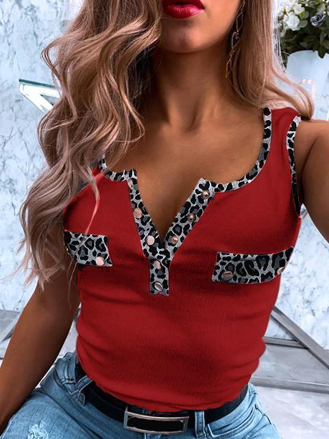 Leopard Button V Neck Tops