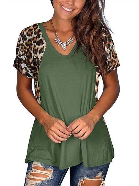 Leopard Patchwork Short Sleeve Tops