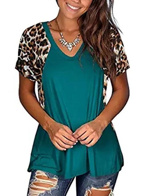 Leopard Patchwork Short Sleeve Tops