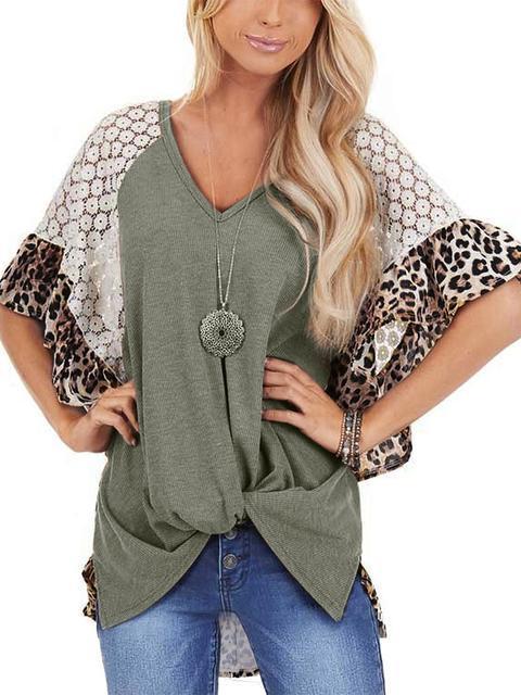 Leopard Print Lace Patchwork Sleeve Blouse