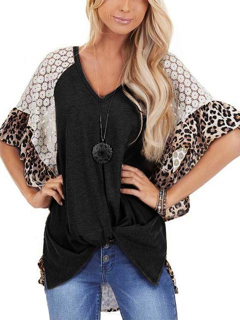 Leopard Print Lace Patchwork Sleeve Blouse