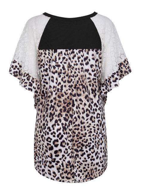 Leopard Print Lace Patchwork Sleeve Blouse