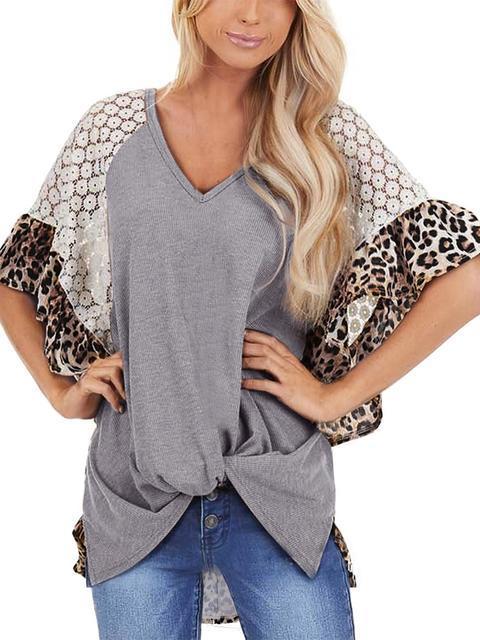 Leopard Print Lace Patchwork Sleeve Blouse