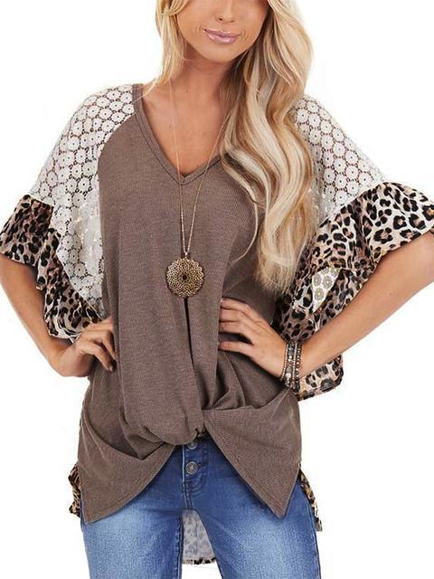 Leopard Print Lace Patchwork Sleeve Blouse