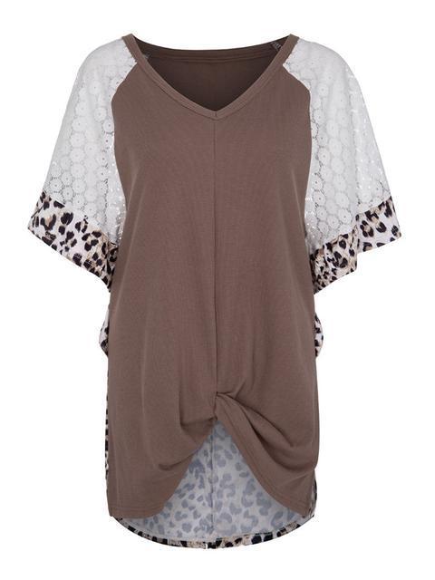 Leopard Print Lace Patchwork Sleeve Blouse