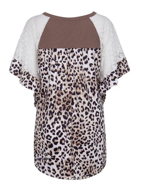 Leopard Print Lace Patchwork Sleeve Blouse