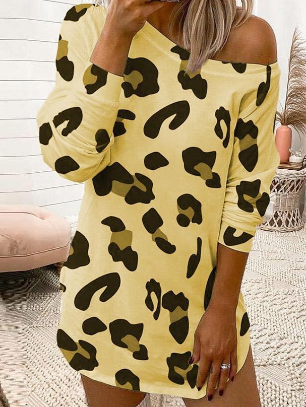 Leopard Print Off Shoulder Long Sleeve T-Shirt Dress