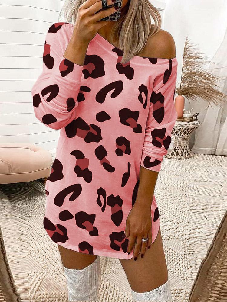 Leopard Print Off Shoulder Long Sleeve T-Shirt Dress