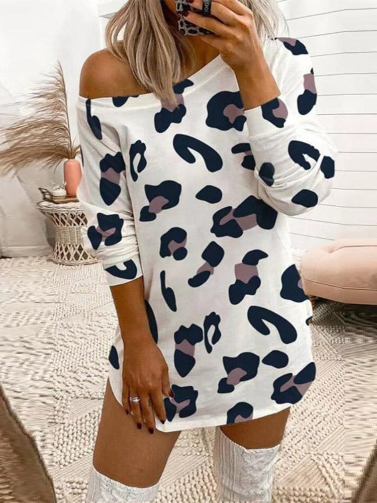 Leopard Print Off Shoulder Long Sleeve T-Shirt Dress