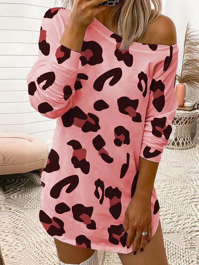 Leopard Print Off Shoulder Long Sleeve T-Shirt Dress