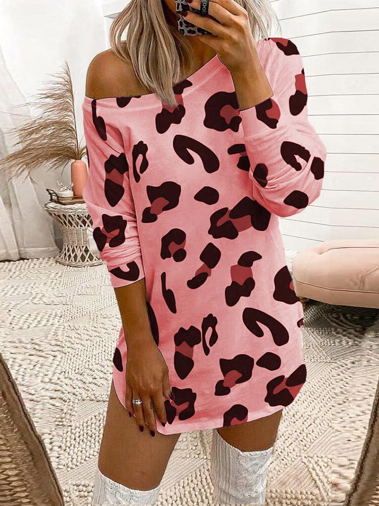 Leopard Print Off Shoulder Long Sleeve T-Shirt Dress