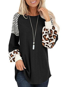 Leopard Print Striped Stitching T-shirt