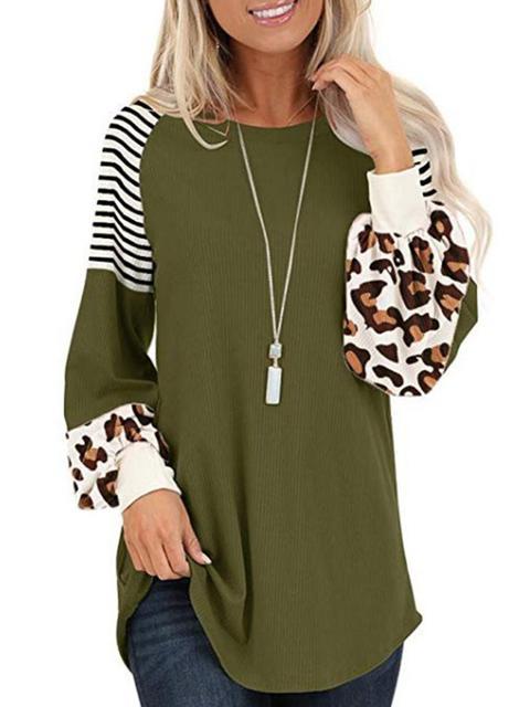 Leopard Print Striped Stitching T-shirt