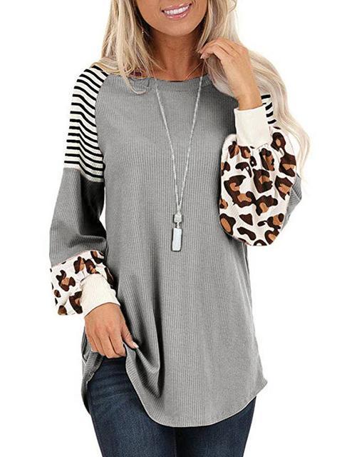 Leopard Print Striped Stitching T-shirt