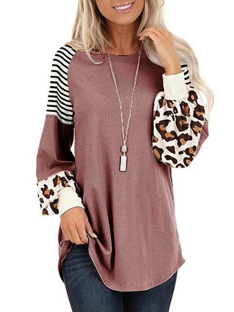 Leopard Print Striped Stitching T-shirt