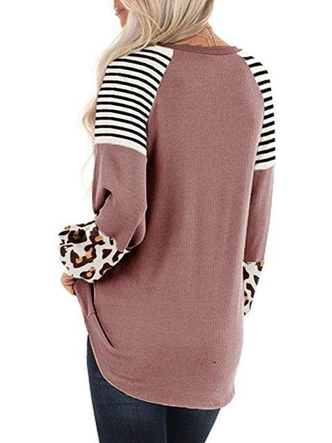 Leopard Print Striped Stitching T-shirt