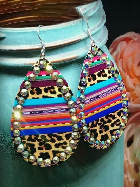 Leopard Printed Rhinestone PU Leather Earrings