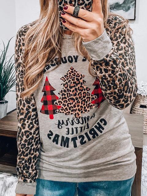 Leopard Sleeve Christmas Print Tops