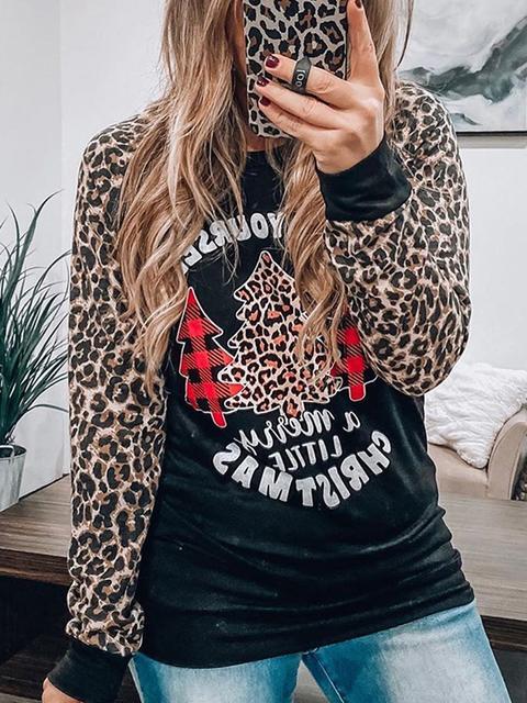 Leopard Sleeve Christmas Print Tops