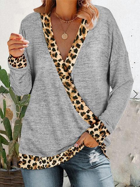 Leopard Splicing V-neck Casual Tops