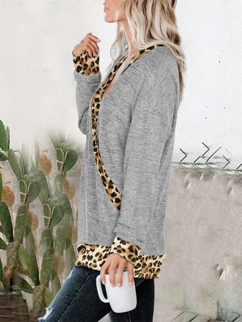 Leopard Splicing V-neck Casual Tops