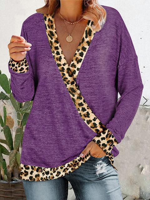 Leopard Splicing V-neck Casual Tops