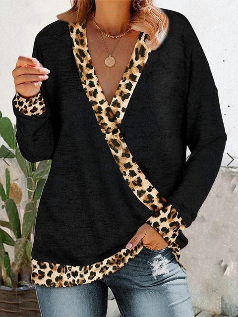 Leopard Splicing V-neck Casual Tops