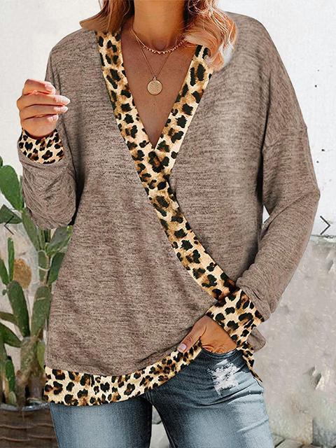 Leopard Splicing V-neck Casual Tops