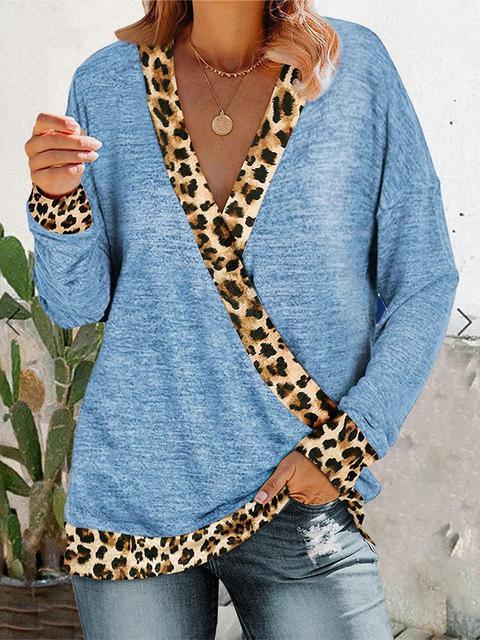 Leopard Splicing V-neck Casual Tops