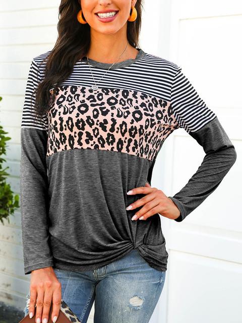 Leopard Stripes Print Long Sleeve Twisted Tops