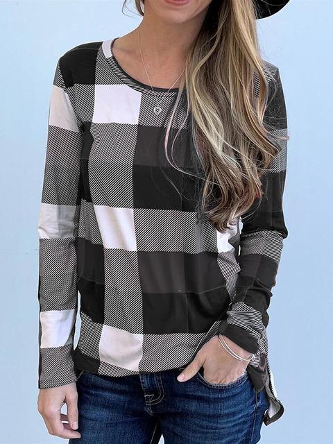 Long Sleeve Round Neck Plaid Print Tops