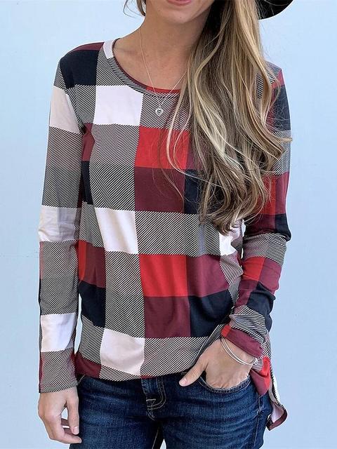 Long Sleeve Round Neck Plaid Print Tops