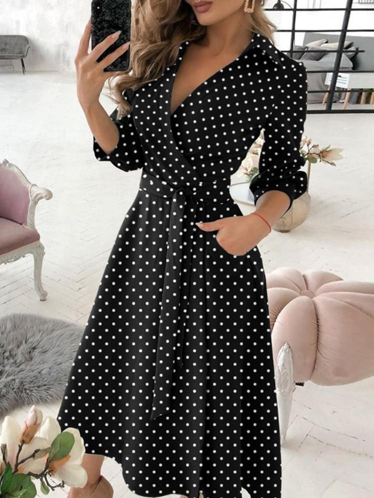 Long Sleeve V-neck Polka Dot Print Dress