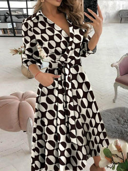 Long Sleeve V-neck Polka Dot Print Dress