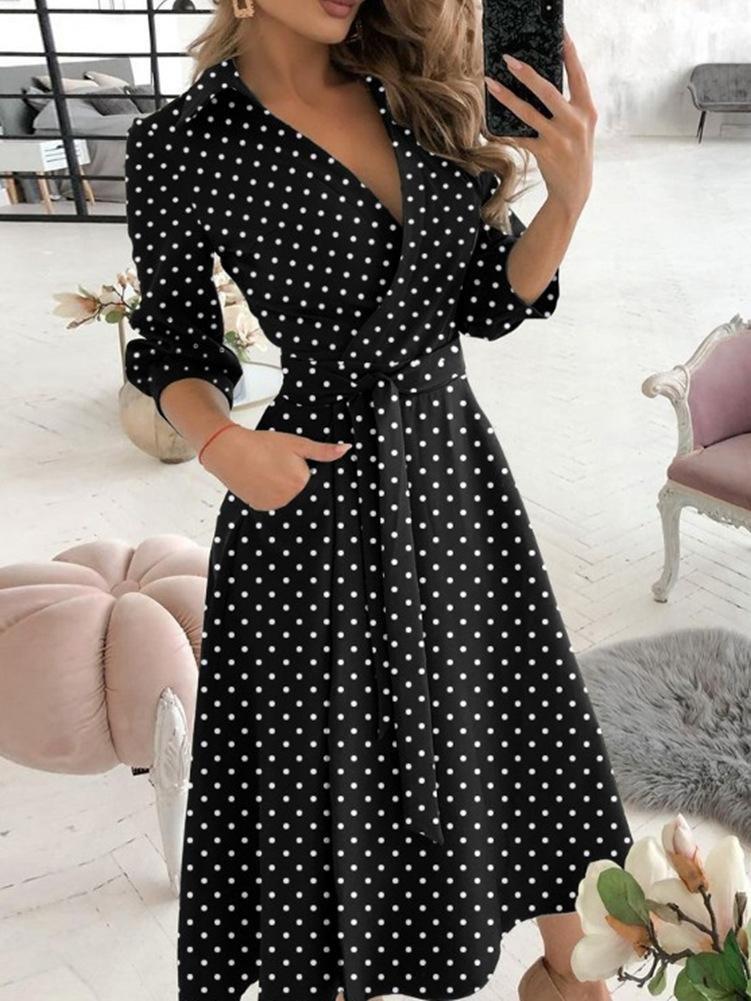 Long Sleeve V-neck Polka Dot Print Dress