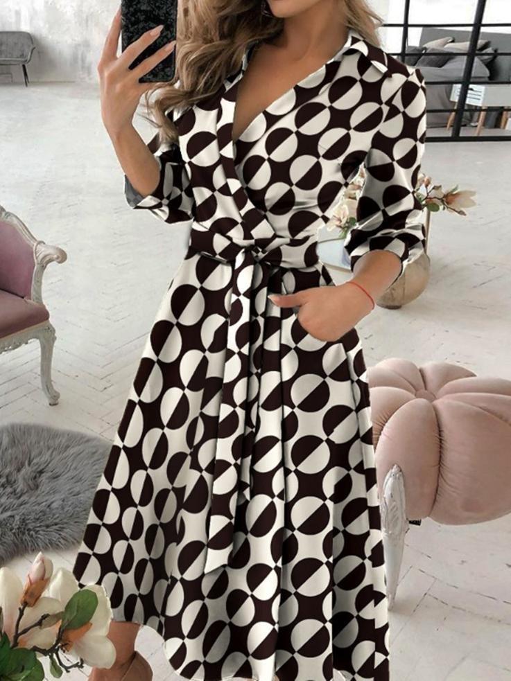 Long Sleeve V-neck Polka Dot Print Dress