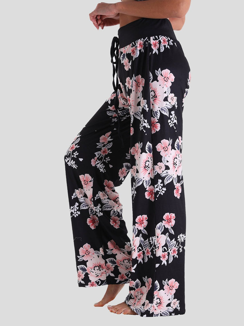 Loose Lace-Up Floral Print Casual Pants