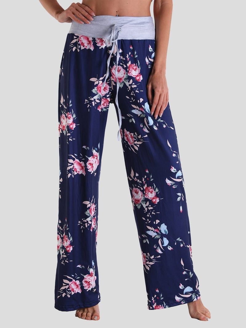 Loose Lace-Up Floral Print Casual Pants