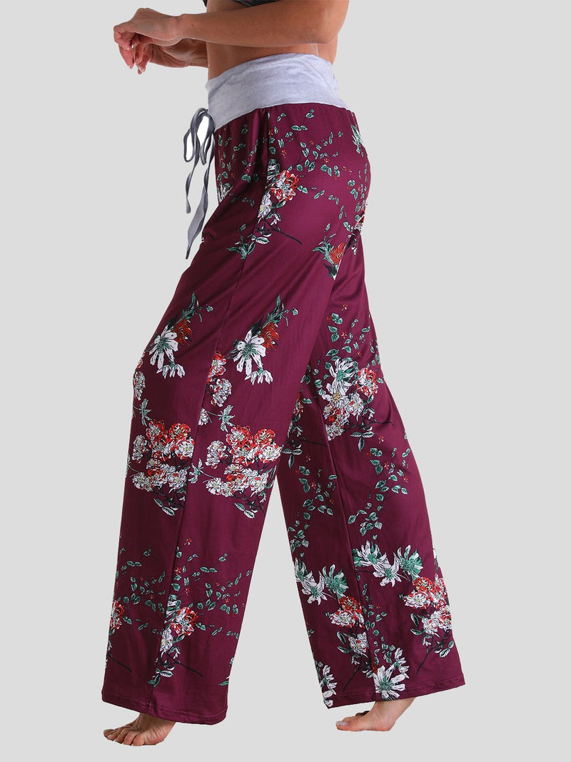 Loose Lace-Up Floral Print Casual Pants