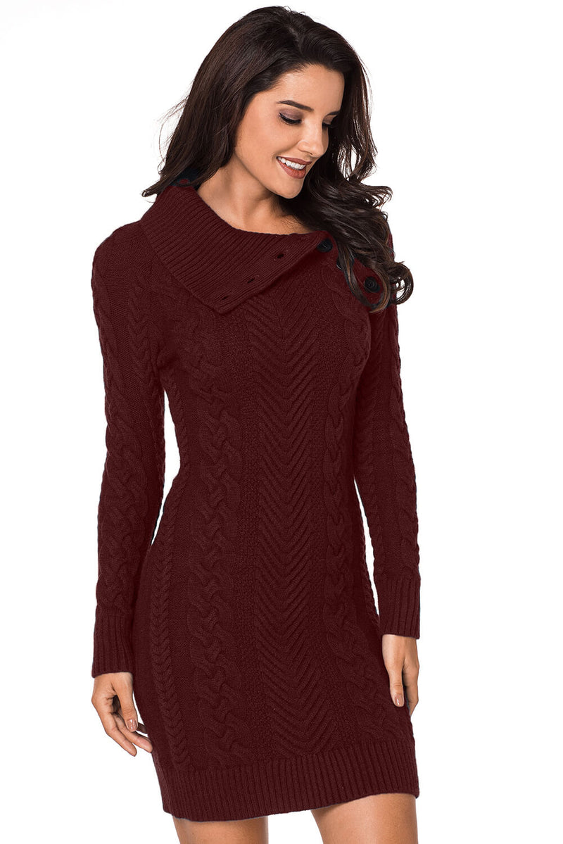 Long Sleeve Knitted Button Neck Sweater Mini Dress