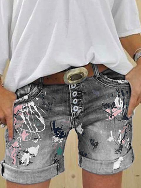 Multi-button Printed Denim Shorts