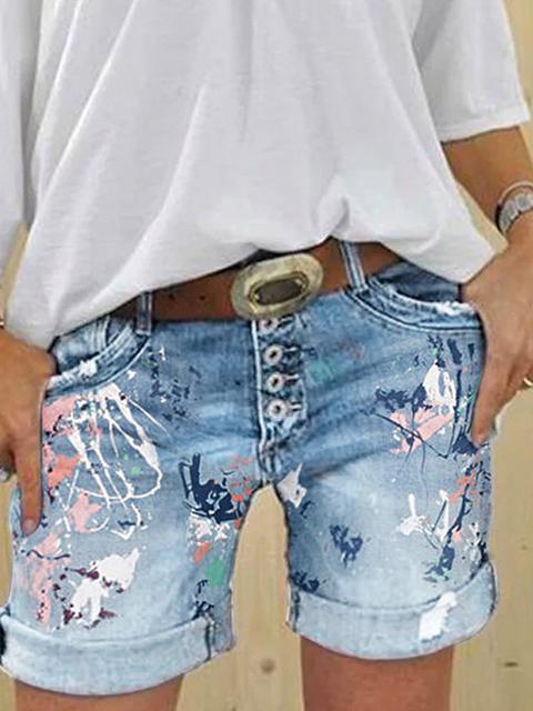 Multi-button Printed Denim Shorts